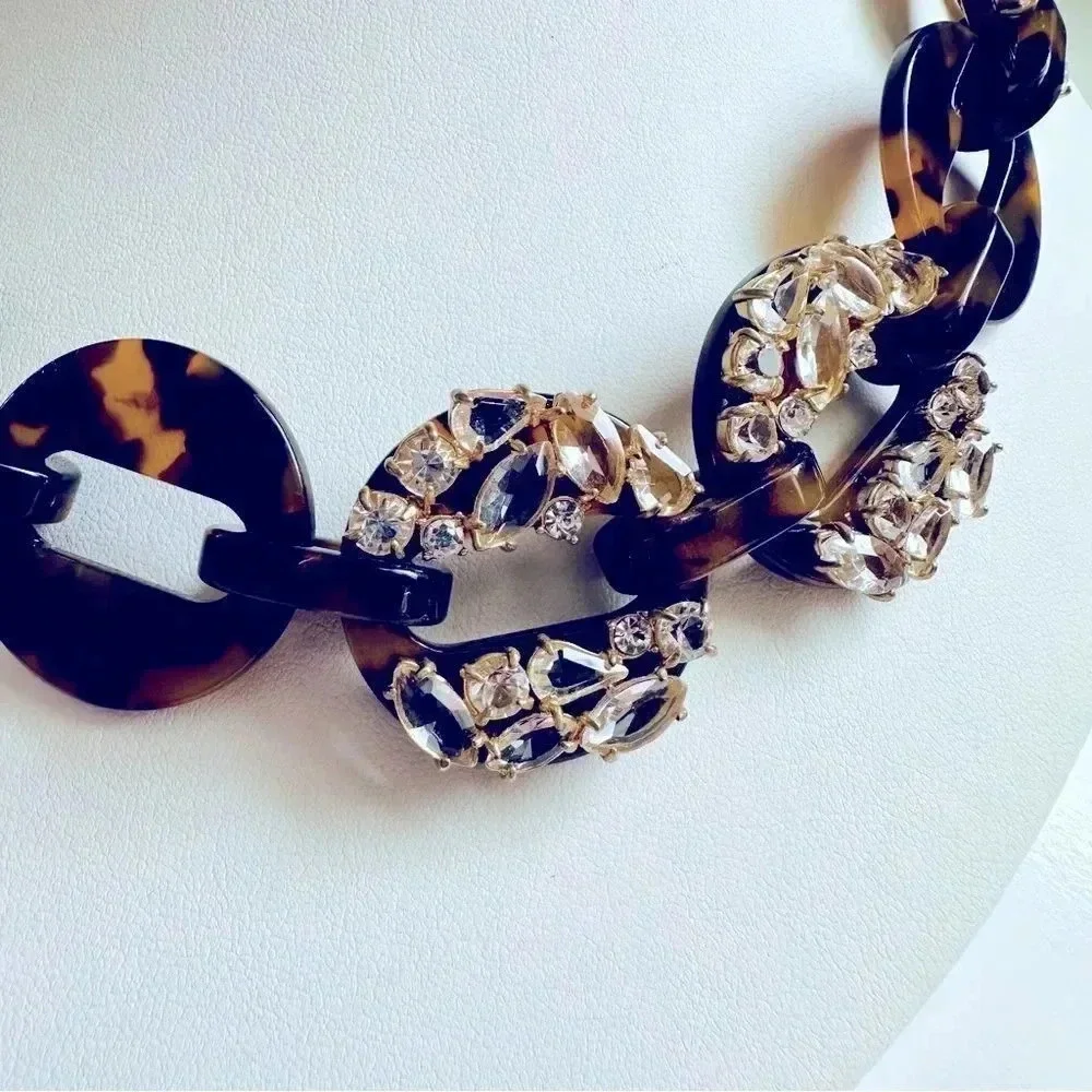 NWT J. Crew Tortoise And Rhinestone/Crystal Link Adjustable Statement Necklace